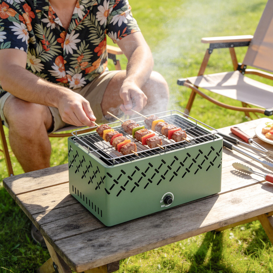 Outsunny Holzkohlegrill für Camping und Gartenparty in Hellgrün mit integriertem Ventilator und einstellbarer Temperatur, B/T/H: 45,5 x 29 x 21 cm - Bild 2