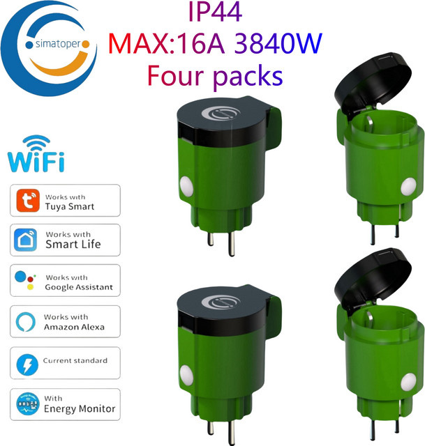 Simatoper 4er-Set Outdoor WLAN-Doppelsteckdose in Grün, IP44, Smart Life App, Energieüberwachung, Timer, 16A 3840W Schuko-Steckdose, Alexa-kompatibel - Bild 1