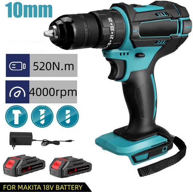 DWiusty 3-in-1 Elektrischer Schlagbohrer mit 10mm Bohrfutter, 4000 U/min und 520 Nm Drehmoment, Blau, kompatibel mit Makita LXT Akkus - Bild 1