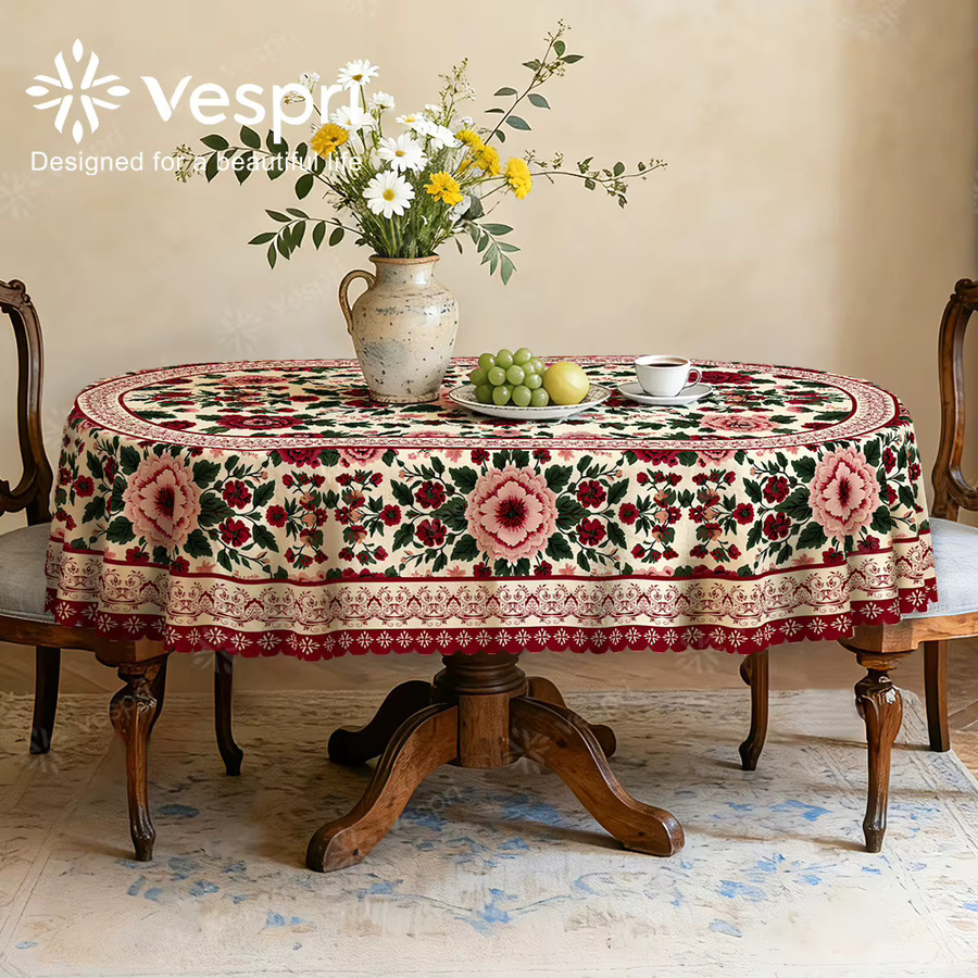 Vespri Blumen-Oster-Tischdecke mit weiß-rotem Blumenmuster und Spitzenborte, rund - Bild 2