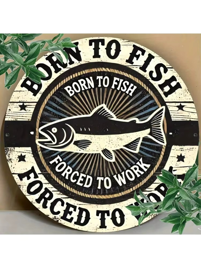 CIFBUY Born To Fish Forced To Work Retro-Wandschild aus Metall in Rund, Vintage Design, Durchmesser: 20,3 cm, Mehrfarbig - Bild 4