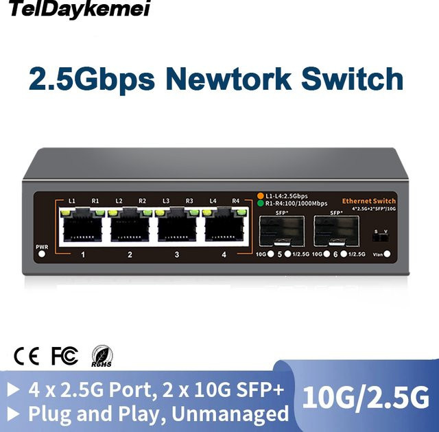 TelDaykemei 2,5 Gbit/s Ethernet-Switch mit 4 Ports und 10 G SFP+ Steckplatz in Schwarz - Bild 1