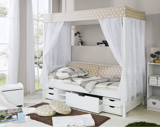 TiCAA Himmelbett aus Kiefer Massivholz in Beige und Weiß mit Sternen-Design für Kinderzimmer - Bild 1
