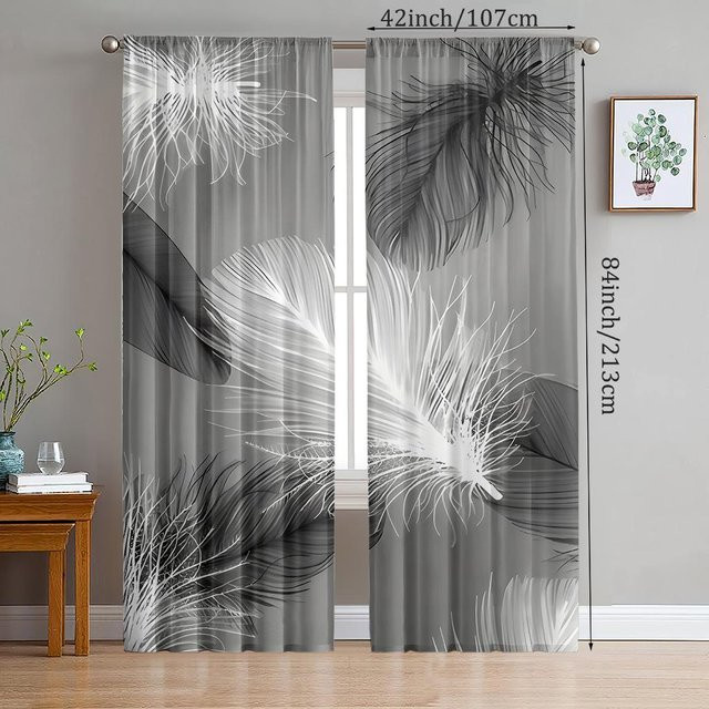 Yiran Furniture Feder-Polyestervorhänge im 2er-Set, Schwarz und Grau, halbtransparent mit Stangentaschen, Breite: 60 cm, Höhe: 150 cm - Bild 1