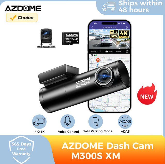 AZDOME Dashcam M300S in 4K UHD mit Sprachsteuerung, GPS, WIFI 6, ADAS und 24-Stunden-Parküberwachung, Schwarz - Bild 1