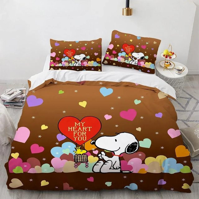 Snoopy 3-teiliges Mikrofaser Bettwäsche-Set mit Cartoon-Motiv in Braun, bestehend aus Bettbezug und Kissenbezug, B/H: 135 x 200 cm - Bild 1