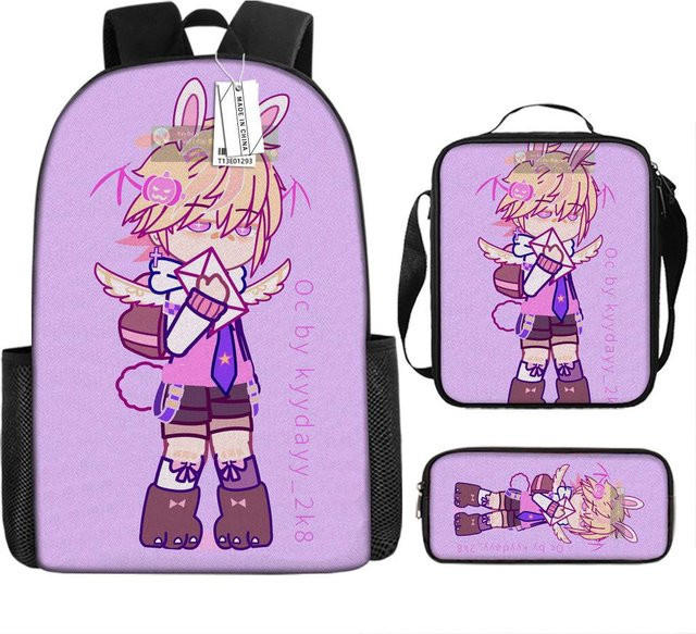 Fancy Style Studio 3er Set Gacha Rucksäcke und Federmäppchen in Lila mit 3D-Druck für Schüler und Studenten - Bild 1