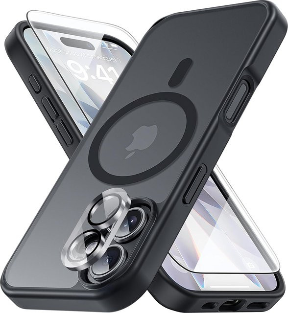 Magnetische NYFundas Schutzhülle mit Display- und Kameraobjektivschutz für iPhone 12 bis iPhone 17 Air/16 Pro Max/15 Plus in Schwarz und Orange - Bild 1