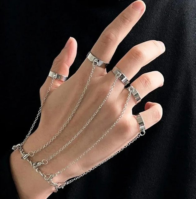 Silberring mit Kette, Geometrisch, Punk, Unisex - Bild 1