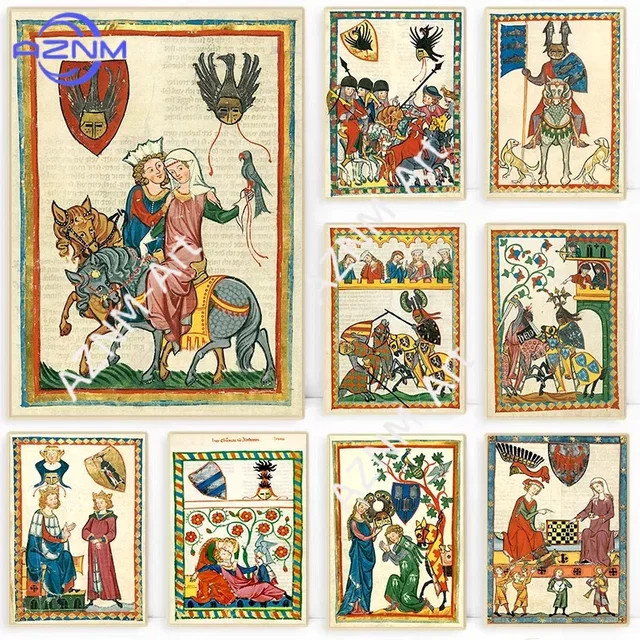 KAYOU Retro Leinwandgemälde Mittelalterliche Europäische Kunst mit Liebenden auf Pferden als Wandbild in Mehrfarbig - Bild 1
