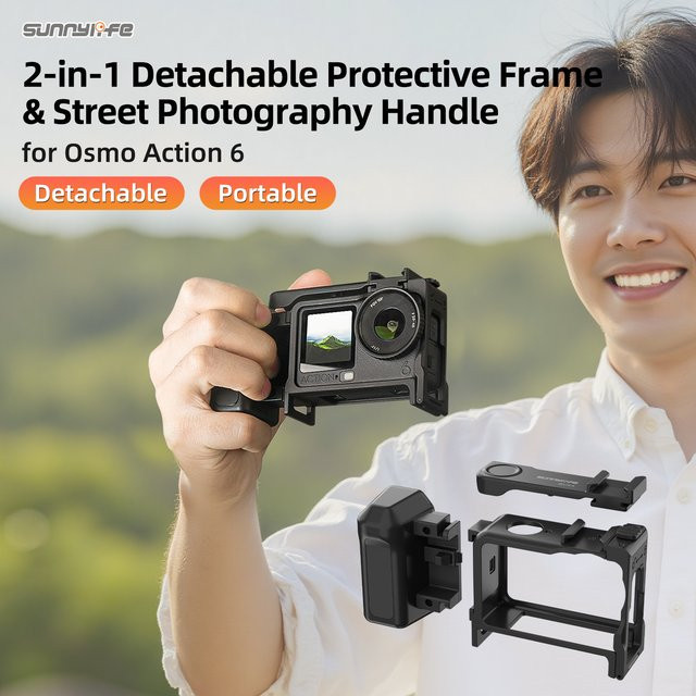 Street Grip Kit für DJI Osmo Action 6 Handgriffhalterung mit Schnellverschluss, Rabbit Cage, Auslöseknopf und Schutzrahmen in Schwarz - Bild 1