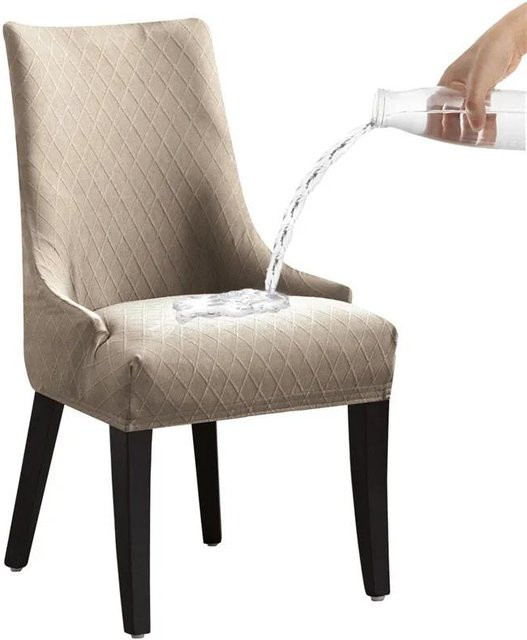 Wasserabweisende Esszimmerstuhlhusse in Beige, dehnbarer Sitzbezug mit hoher Rückenlehne für schräge Stühle - Bild 1