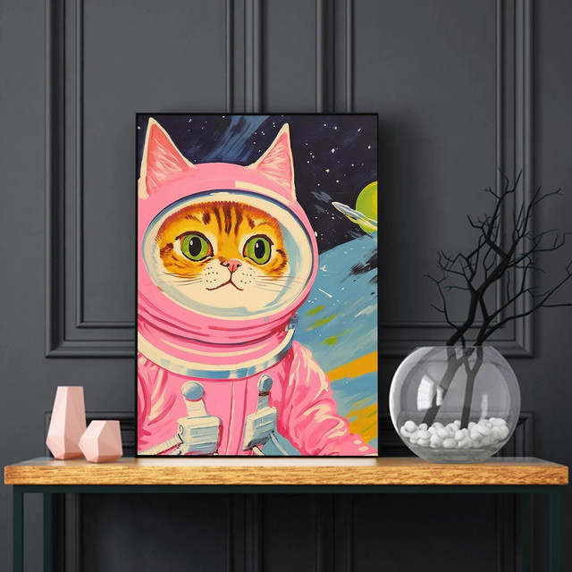 Katzen-Astronauten Wandkunst aus Leinwand von SHENCHEN in Pink und Multicolour für Kinderzimmer - Bild 1