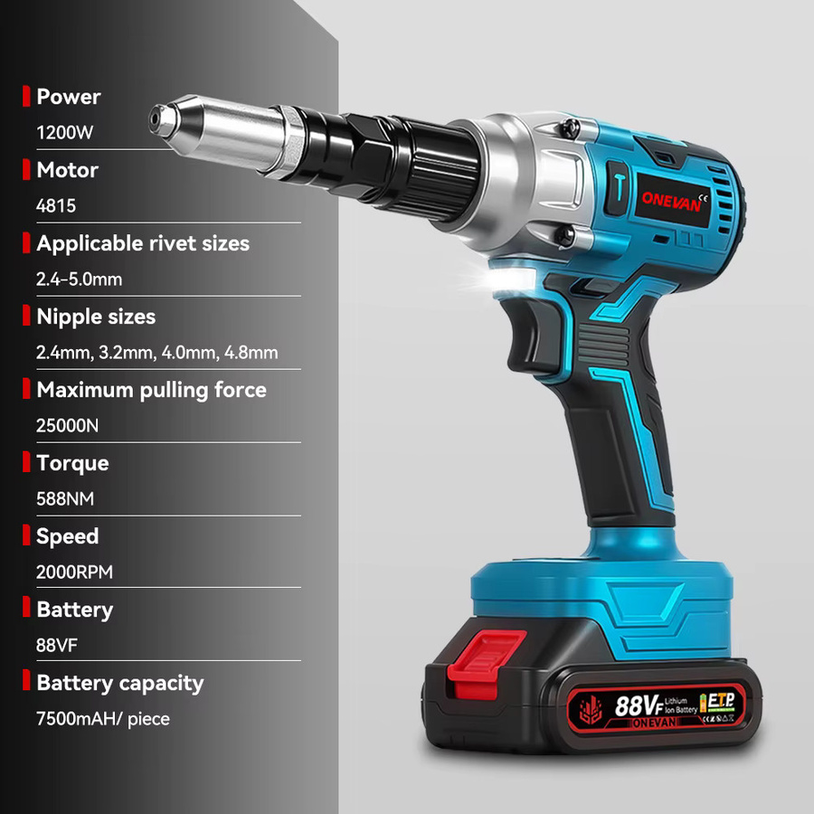 ONEVAN Bürstenlose Akku-Nietpistole 2000W in Blau, passend für Makita 18V Akkus, für Nietarbeiten von 2,4-5,0 mm - Bild 3