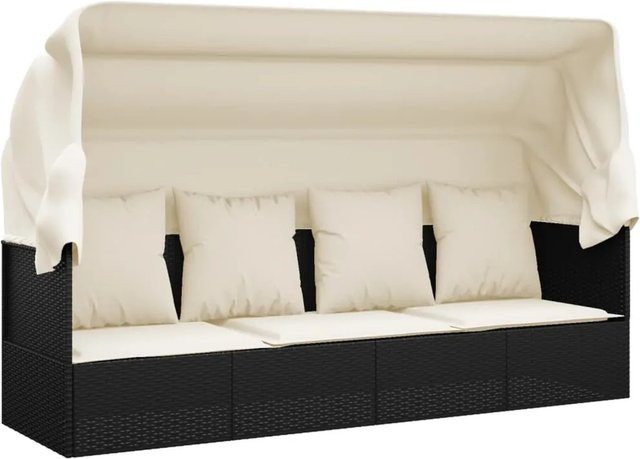 vidaXL Outdoor-Loungebett aus Poly Rattan mit Sonnendach und Kissen, Schwarz, B/T/H: 203 x 58 x 56 cm - Bild 1