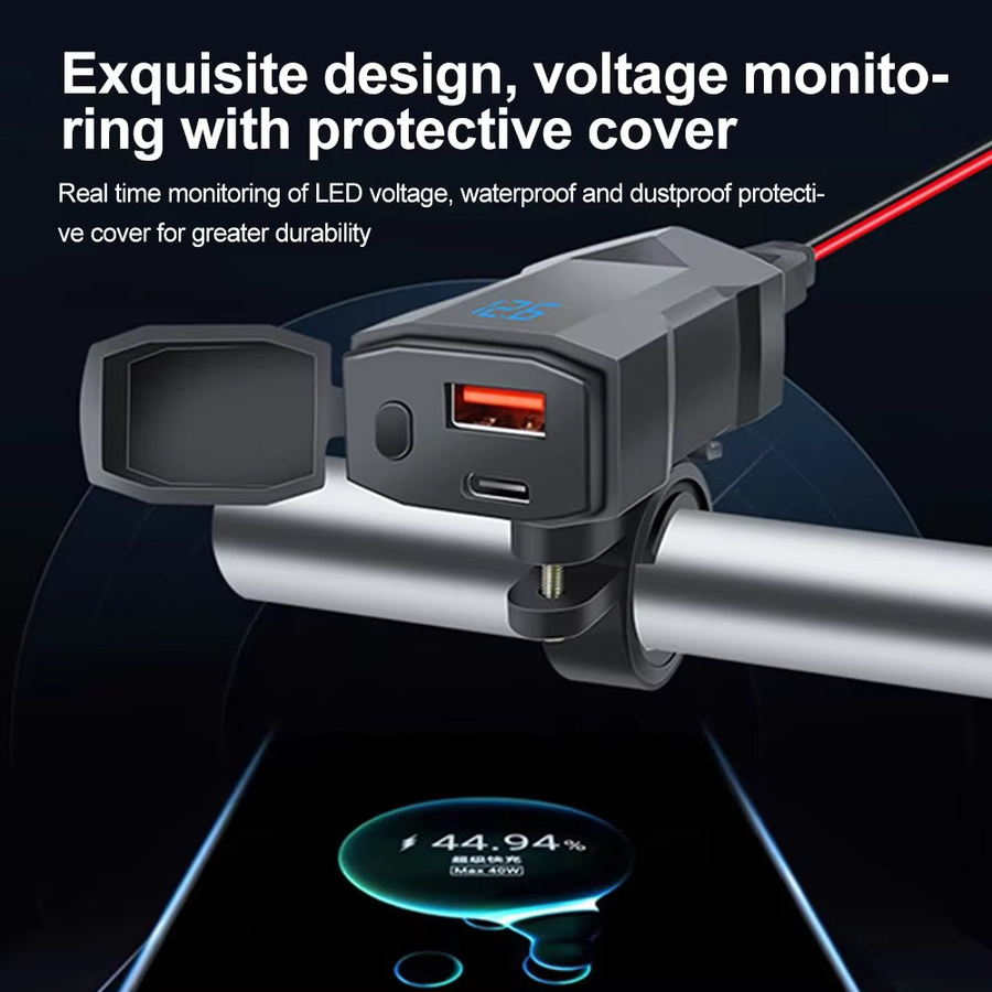 Wasserdichtes Motorrad USB-Ladegerät mit QC3.0 Schnellladefunktion und Schalter in Schwarz für den Lenker - Bild 2
