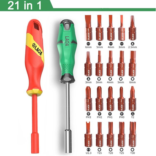 LAOA Multifunktions-Schraubendreher mit isoliertem Spritzguss-Griff und austauschbarem Kopf für 1/4-Zoll-Sechskantschaft - Bild 1