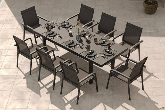 Kettler BasicPlus Garten-Essgruppe aus Aluminium und Textilene in Anthrazit mit ausziehbarem Tisch und 8 Stapelsesseln - Bild 1
