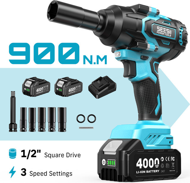 SEESII WH1-10 Ultra Akku-Schlagschrauber mit 900Nm, bürstenloser Elektroschrauber 1/2 Zoll in Blau, kompatibel mit Makita LXT Akkus, inklusive 4000mAh Akku - Bild 1
