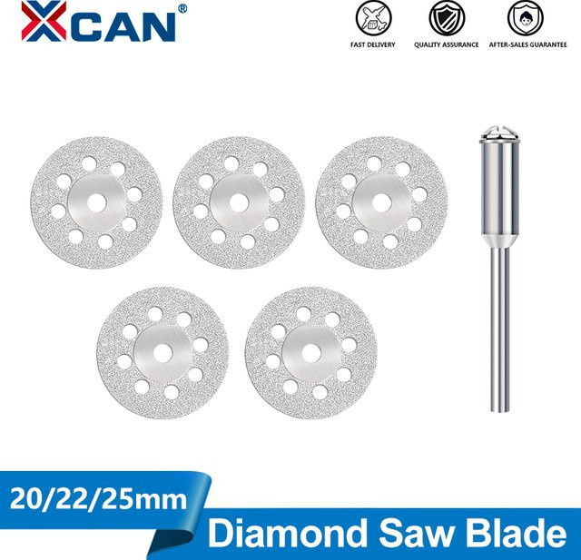 XCAN 5 Stück Diamant-Trennscheiben in Silber mit 8 Löchern für Dremel-Rotationswerkzeuge, Mini-Kreissägeblätter mit Dorn, Durchmesser: 20 mm, 22 mm und 25 mm - Bild 1