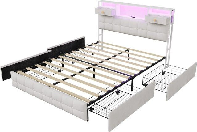 PXloue Polsterbett mit Schubladen und LED aus Samt, B/T/H: 140 x 200 x 147 cm, Farben: Beige oder Grau - Bild 1