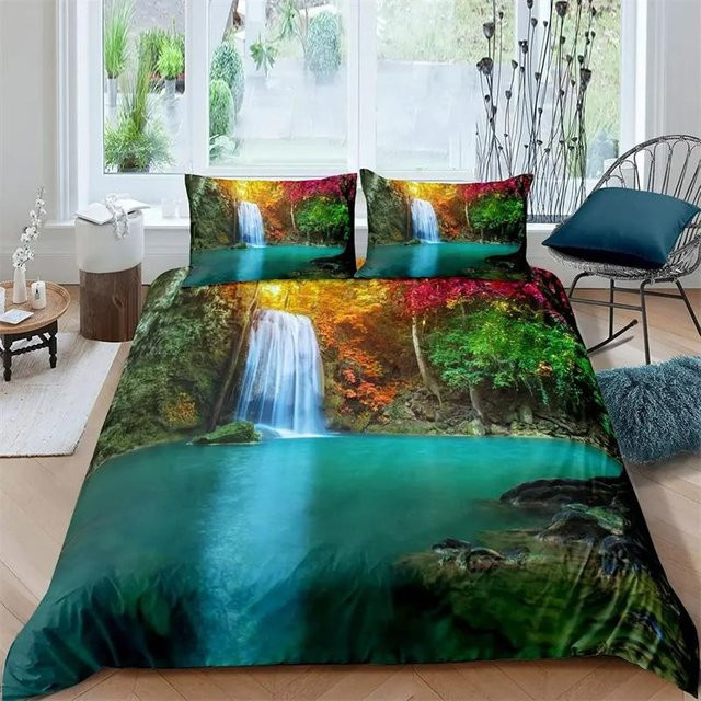 Wasserfall Bettwäsche-Set mit Naturlandschaft Wald und Wasserfall, Queen Size, B/H: 135 x 200 cm, Blau/Mehrfarbig, Polyester - Bild 1