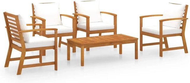 vidaXL 5-tlg Garten-Lounge-Set Modell 8 aus massivem Akazienholz mit cremeweißen Polsterauflagen - Bild 1