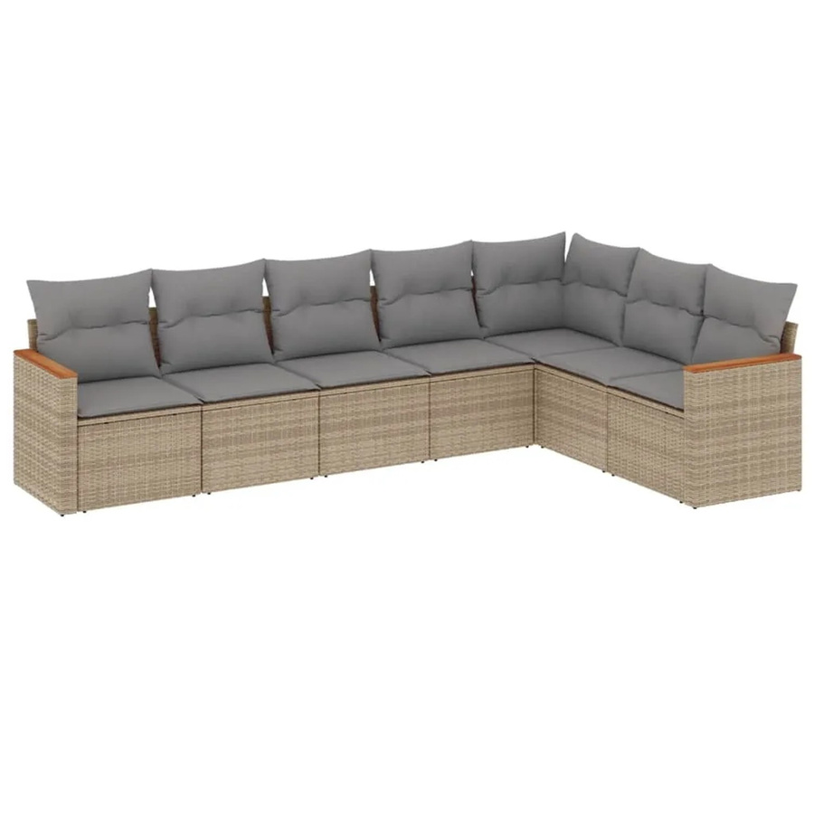 vidaXL 7-teilige Garten-Sofagarnitur in L-Form aus Poly-Rattan und Akazienholz mit Kissen in Beige - Bild 2