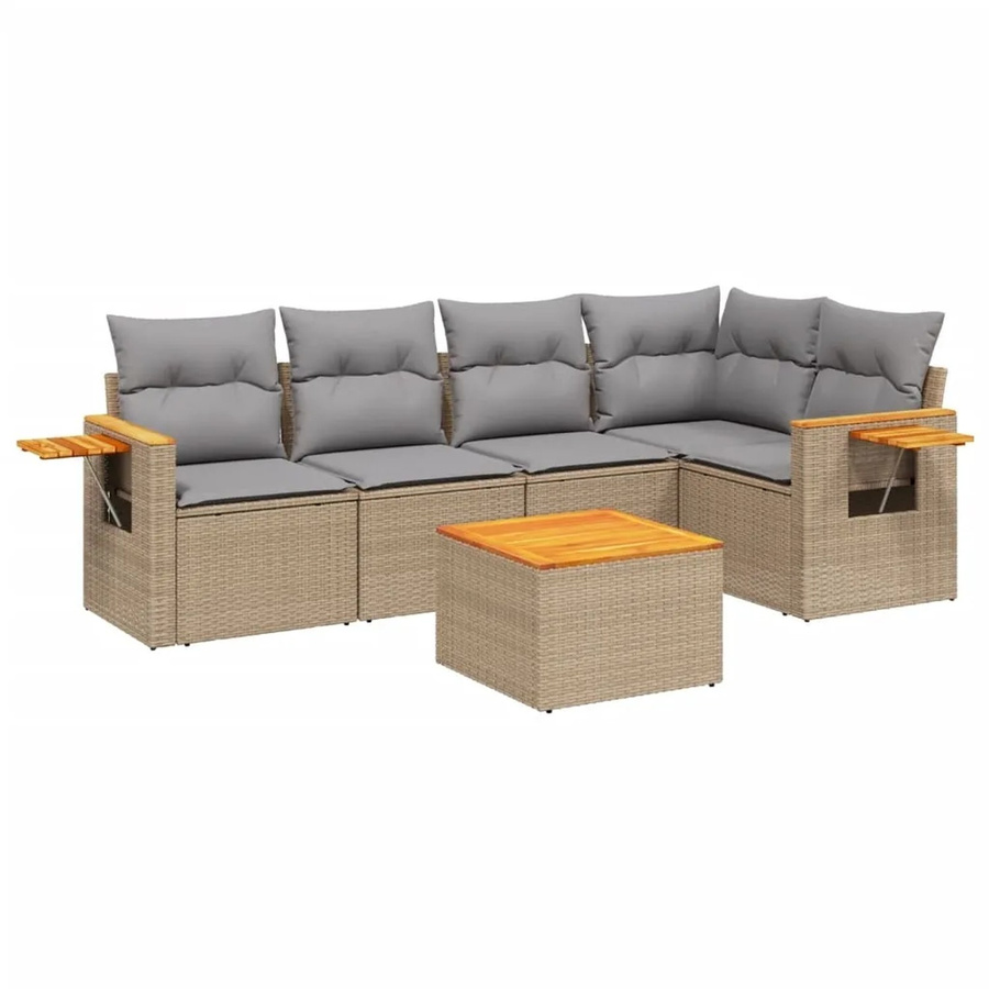 vidaXL 6-teilige Garten-Sofagarnitur aus Poly-Rattan und Akazienholz mit Kissen in Beige-Grau - Bild 2