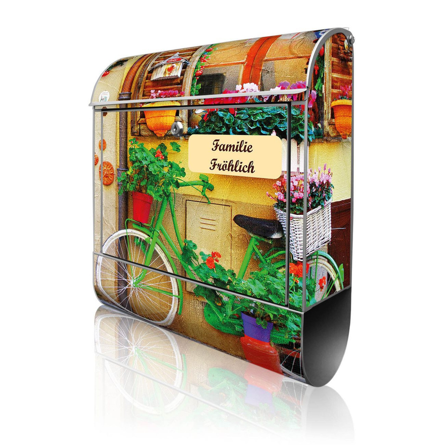 banjado Wandbriefkasten silber groß mit Motiv Grünes Fahrrad, B/H/T: 38 x 47 x 13 cm - Bild 1