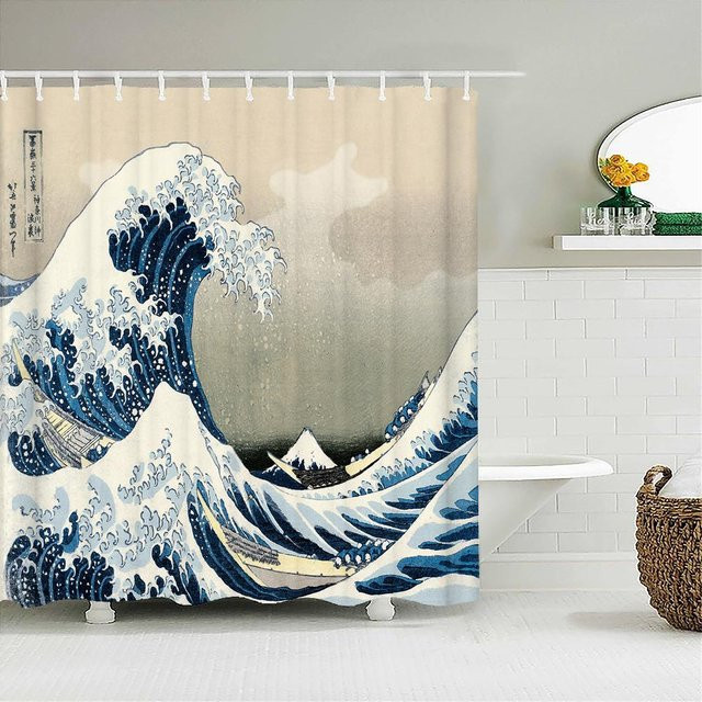 Wasserdichter Duschvorhang aus Polyestergewebe mit Samurai-Landschaft und Wellen-Design im japanischen Stil, Mehrfarbig, B: 120 cm, H: 180 cm - Bild 1