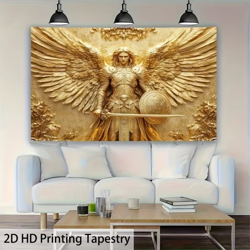 VIKAMA Wandteppich Charming Angel mit Erzengel Michael, dekoratives Kunstwerk in Gold, Textil-Wandbild für dein Wohnzimmer - Bild 4