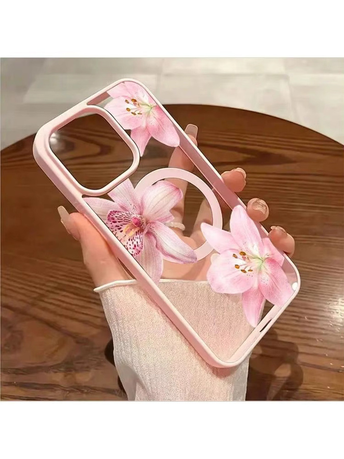 Magnetische iPhone Handyhülle mit rosa Blumenlilie-Orchideenmuster für Apple iPhone 17, 16, 15, 14, 13, 12, 11 und Pro Max Modelle in Pink und Schwarz - Bild 5