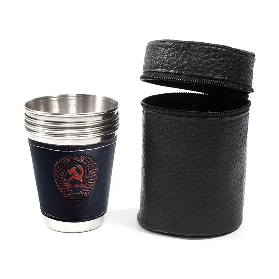 LISM Outdoor Reise Tassen Set aus Edelstahl mit PU Leder in Silber, 4 Stück - Bild 6