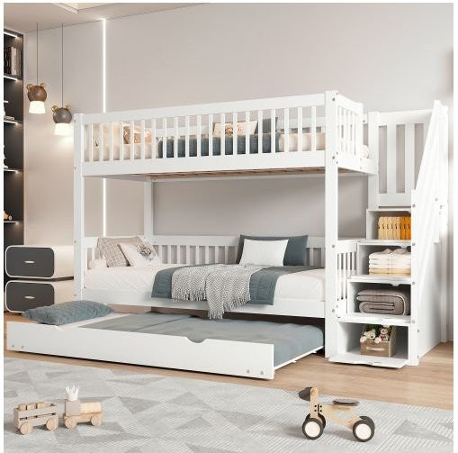MUVOE Etagenbett für Kinder aus Kiefernholz und MDF in Weiß mit Leiter, Schränken und Absturzsicherungen, B/T/H: 90 x 190/200 cm - Bild 1