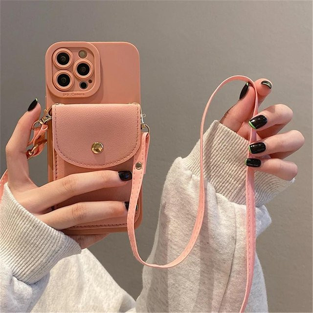 Rui Di Luxus Handytasche aus Leder mit Lanyard und Kartenhalter für iPhone 16 15 14 13 11 Pro Max XS XR 7 8 Plus SE in Rosa - Bild 1