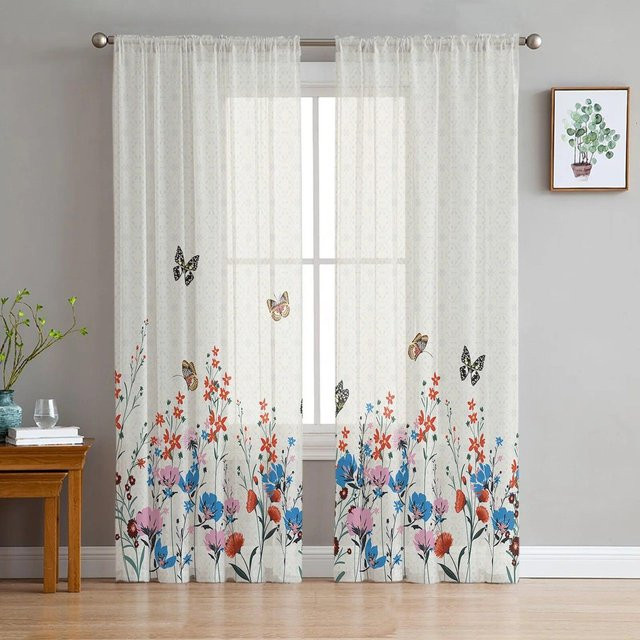 Transparente Voile Tüll Vorhänge mit Blumen- und Schmetterlingsmuster in Weiß von Your Warm Home, B/H: 135 x 114 cm - Bild 1