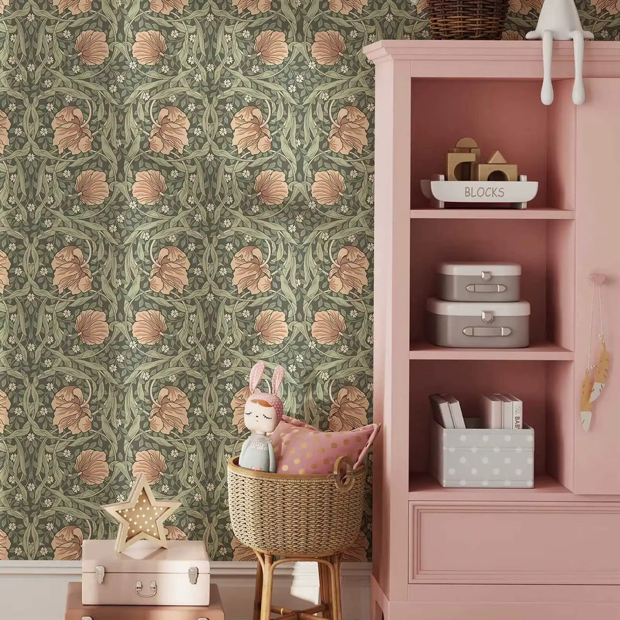 Pixel&Wall Tapete William Morris mit grünem Laub und floralem Vintage-Blumenmuster im Art Nouveau Stil, selbstklebend oder ungepastet - Bild 2