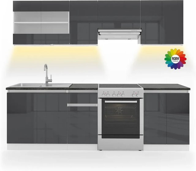 Vicco Raul Küchenzeile Anthrazit und Weiß mit LED-Leisten, B/T/H: 240 x 60 x 82 cm - Bild 1