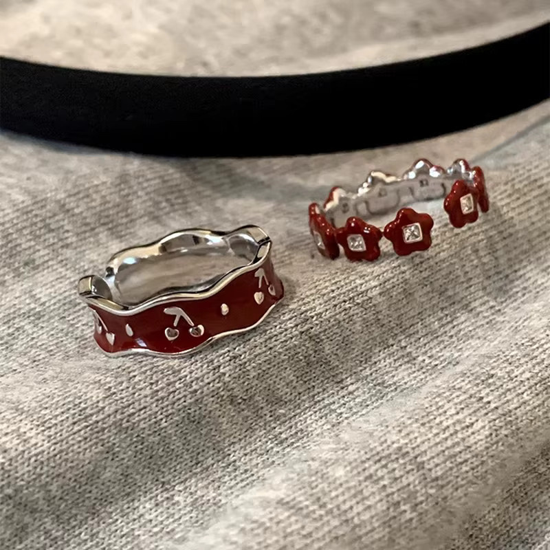Lakecrystal Offener Fingerring 925 Silber, goldfarben, rote Blume, Kirsche, Damen - Bild 1
