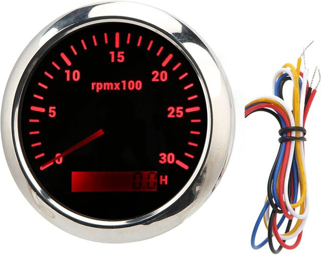 Fishine Drehzahlmesser mit Betriebsstundenzähler, 3000 U/min, rote Hintergrundbeleuchtung, DC 9-32V, Schwarz-Rot für Auto, Wohnmobil und Marine - Bild 1