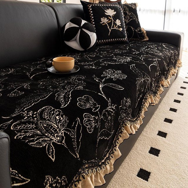 Retro Sofakissen mit Rockkante in Schwarz, hochwertiger Lederkissenbezug aus Polyester, B/H: 90 x 70 cm - Bild 1