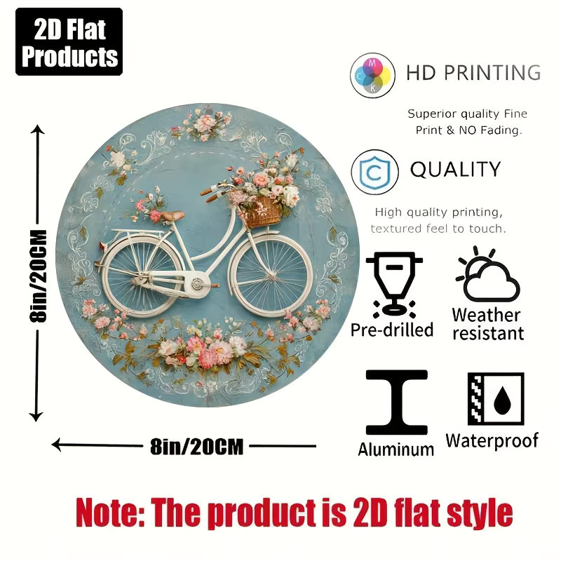 Rundes Vintage Metallschild CIFBUY mit Blumenmuster und Fahrrad-Motiv in Blau, Durchmesser: 20,32 cm - Bild 2