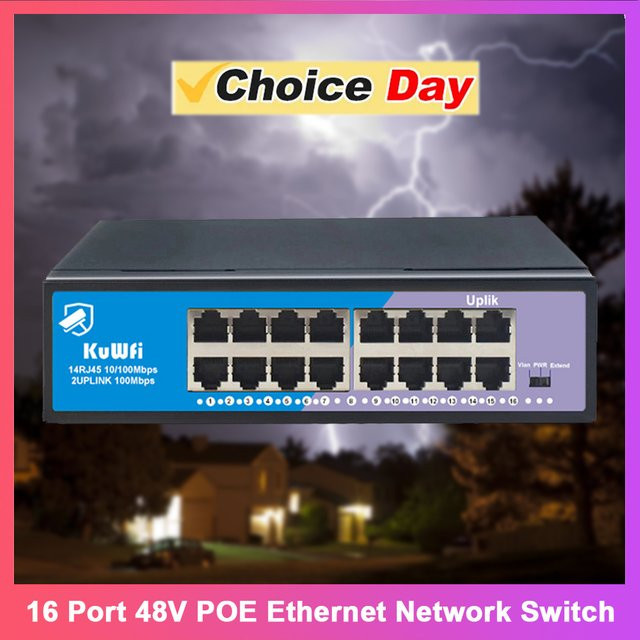 KuWFi POE Ethernet Netzwerk Switch mit 16 Ports, 100 Mbit/s, RJ45 Uplink Port, VLAN-Unterstützung und 250 Meter Reichweite für CCTV, IP-Kameras, AP, Router und PC, Schwarz - Bild 1