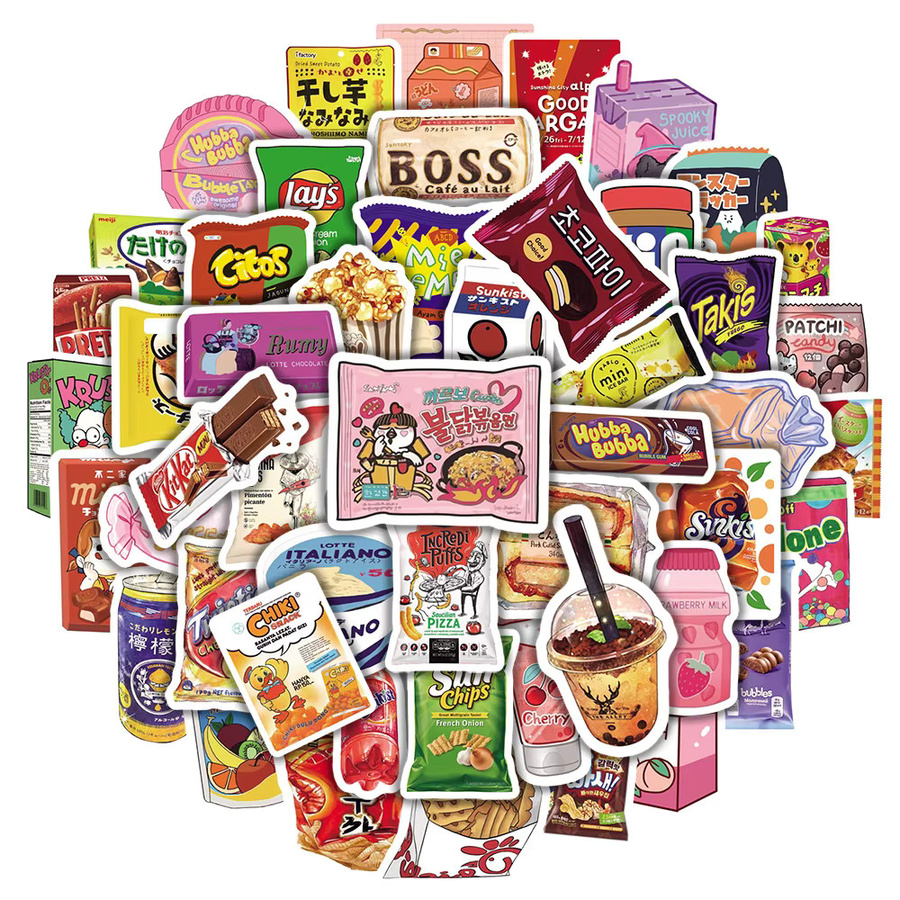 50 Stück wasserfeste Cartoon-Snacks Aufkleber von Papery Pop Store in Multicolour für Telefon, Fahrrad, Motorrad und Helm - Bild 1