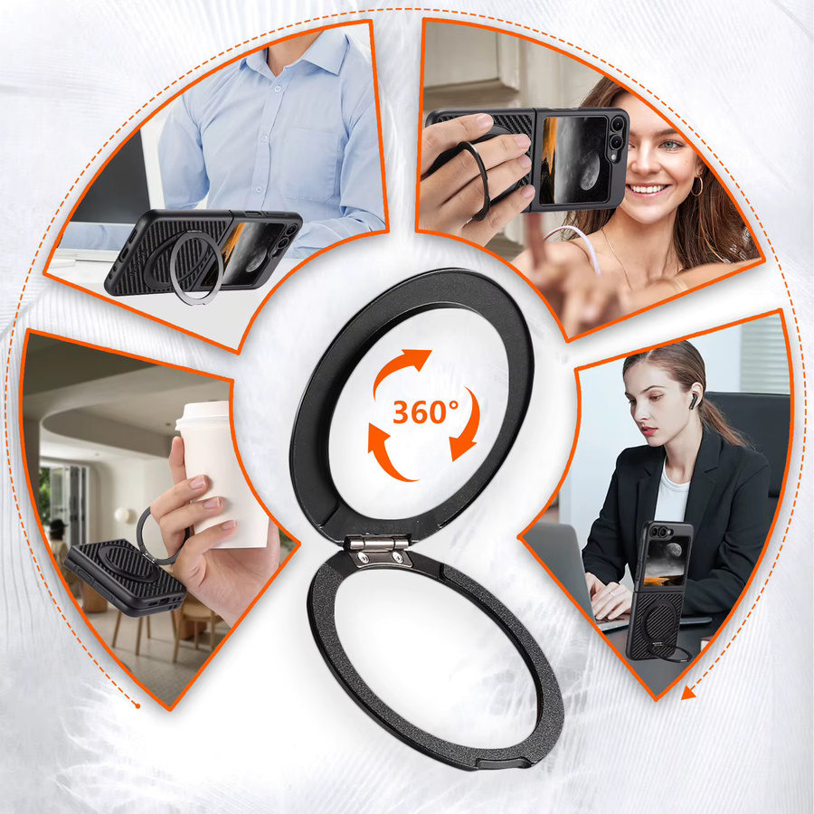 SUTENI Handyhülle aus Kunstleder mit Magnet, kabellosem Laden und 360 Grad drehbarem Ständer sowie Ringschnalle für Samsung Galaxy Z Flip 7, Z Flip 6 und Z Flip 5 in Schwarz - Bild 6