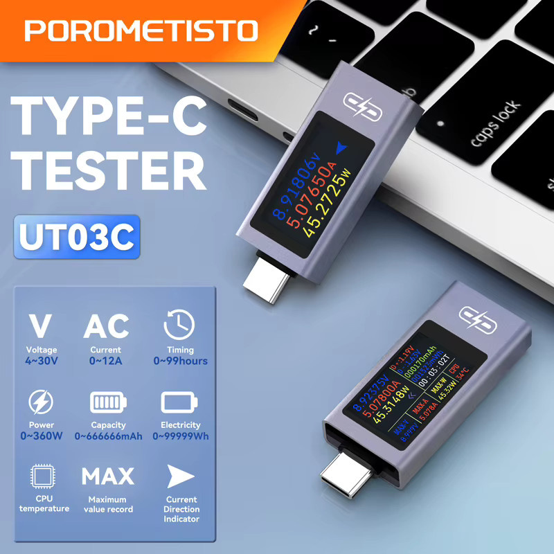 POROMETISTO UT03C Typ-C Multifunktions-Digital-DC-Spannungs-Amperemeter und Leistungsmesser mit USB-Tester und Schnellladefunktion (4-30 V, 0-12 A) - Bild 2