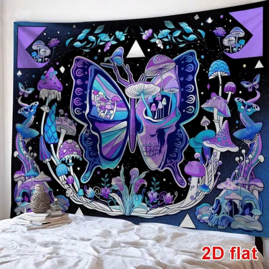 VIKAMA Psychedelischer Wandteppich mit Schmetterling, Totenkopf und Neon-Pilzen in Multicolour, Wandbehang für Schlafzimmer und Gaming-Raum, B/H: 60 x 40 cm - Bild 5