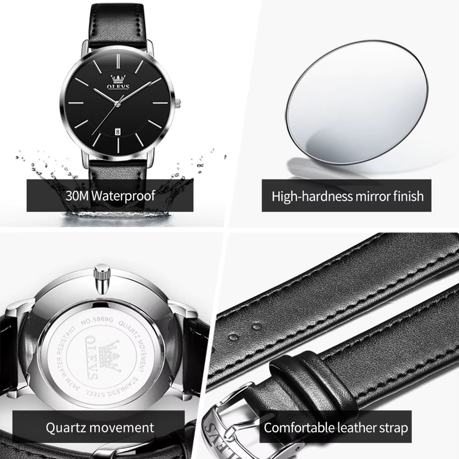 OLEVS Armbanduhr, Quarz, Edelstahl, Leder, Schwarz, Herren - Bild 4