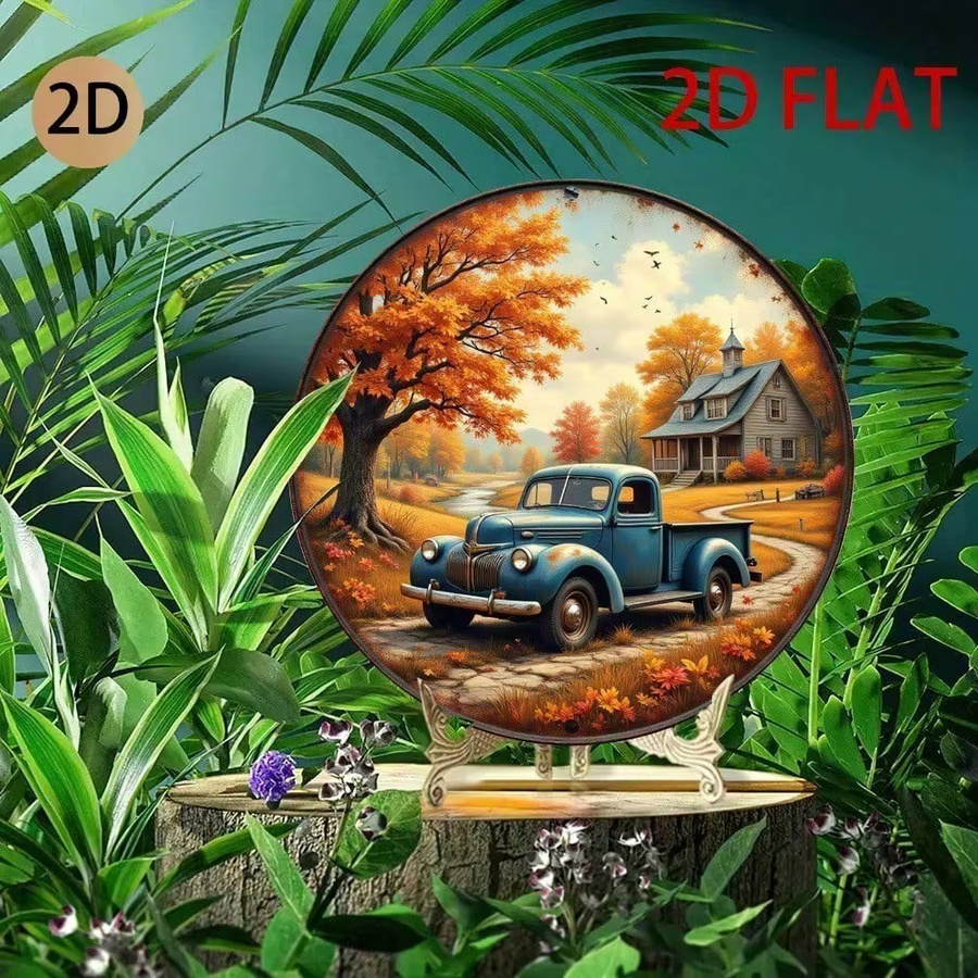 Vintage Blechschild Wanddekoration CIFBUY Rundes Metallschild mit blauem Pickup-Truck und herbstlicher Landschaft, Farbe: Blau und Mehrfarbig, Durchmesser: 20 cm - Bild 3